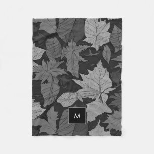 Black white atercolor leaves pattern monogrammed fleece blanket