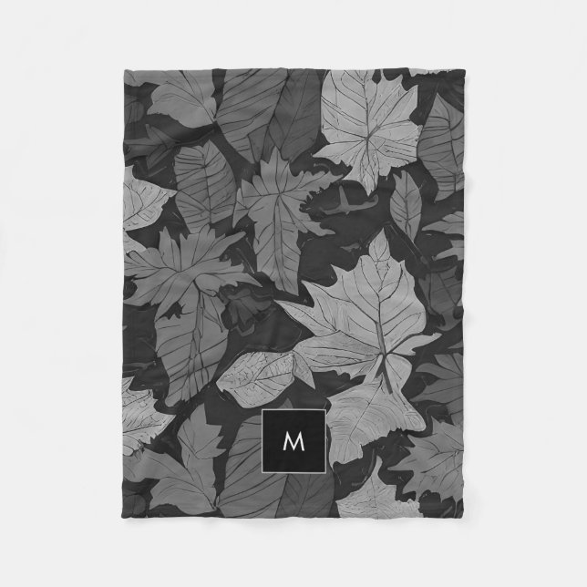 Black white atercolor leaves pattern monogrammed fleece blanket (Front)