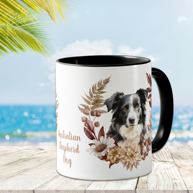Black White Australian Shepherd Dog Autumn Wreath Mug (Creator Uploaded)