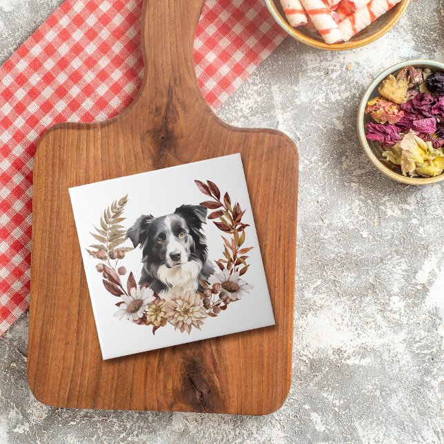 Black White Australian Shepherd Dog Autumn Wreath Tile (Creator Uploaded)