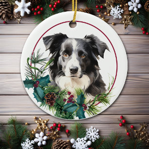 Black White Australian Shepherd Evergreen Wreath Ceramic Tree Decoration