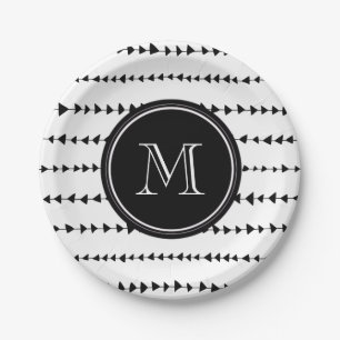 Black White Aztec Arrows Monogram Paper Plate