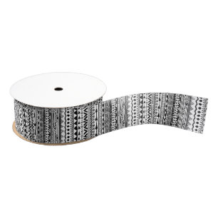 Black White Aztec Tribal Print Geometric Pattern Grosgrain Ribbon