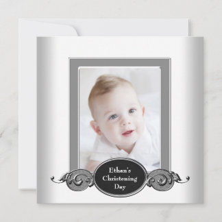 Black White Baby Boy Photo Christening Invitation