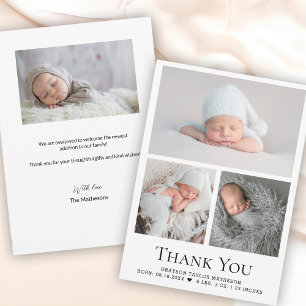 Black White Baby Boy Photo Grid Birth Stat Thank You Card