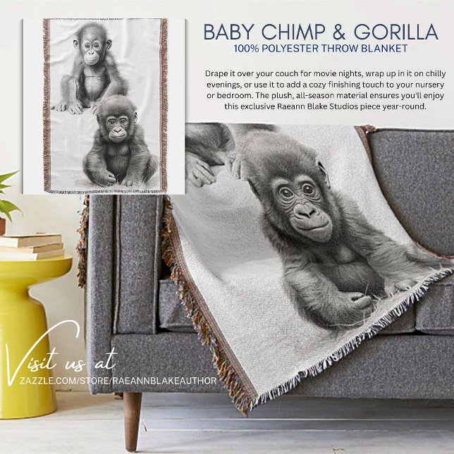 Black & White Baby Chimp & Gorilla Throw Blanket (Creator Uploaded)