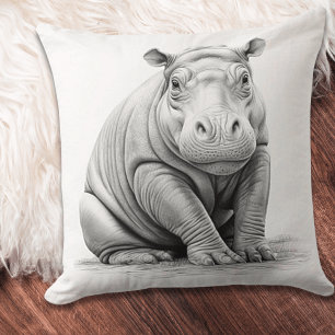 Black & White Baby Hippo Square Throw Pillow