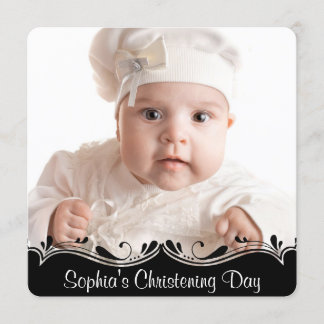 Black White Baby Photo Christening Invitation