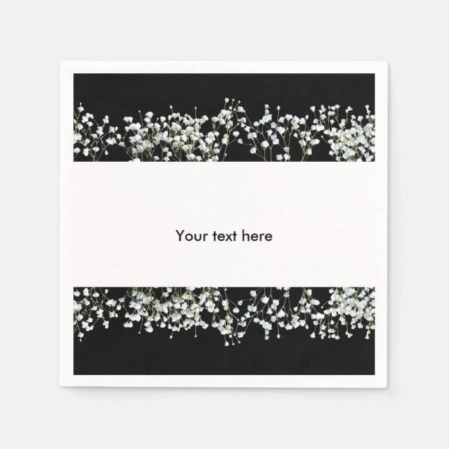 Black & White Babys Breath Floral Wedding Napkins (Front)
