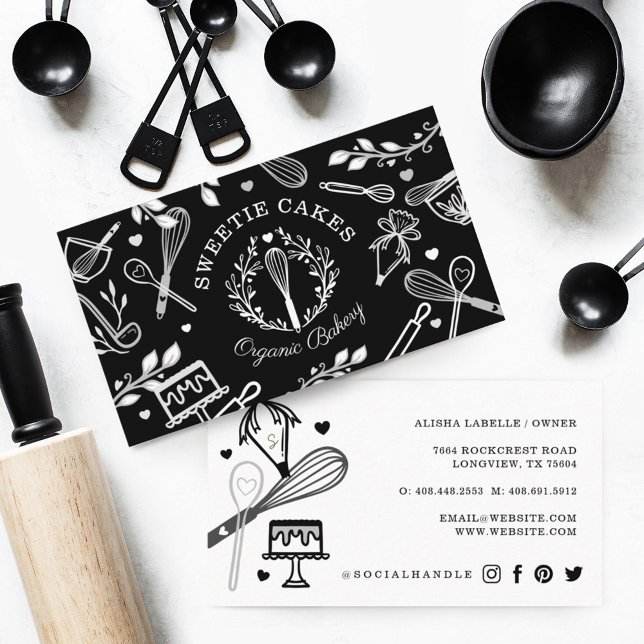 Black & White Baking & Cooking Utensil Bakery Business Card (Creator Uploaded)