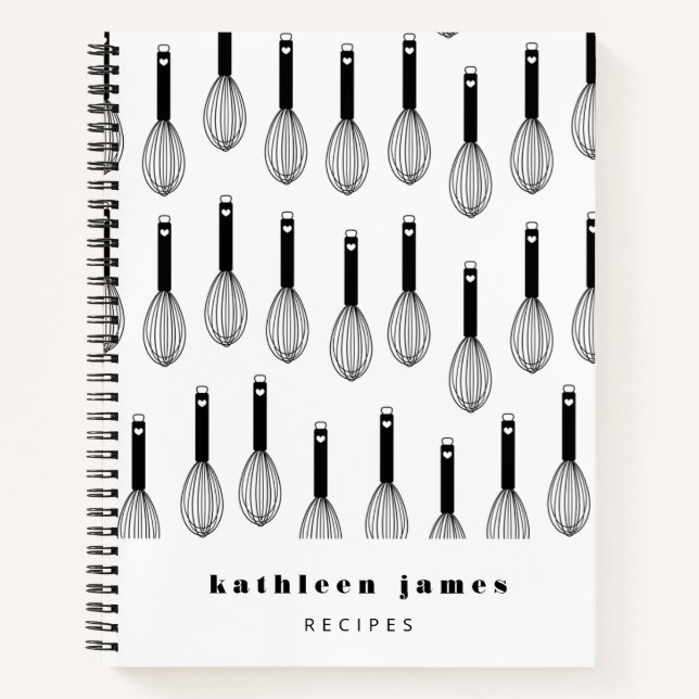 Black White Balloon Whisk Pattern Recipe Notebook (Front)