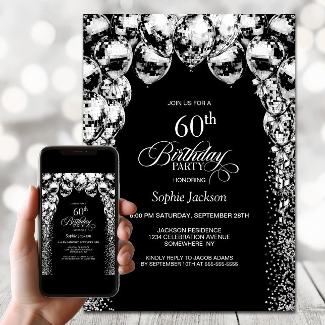 Black White Balloons 60th Birthday Party Invitation (Creator Uploaded)