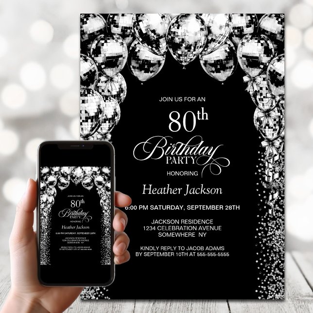 Black White Balloons 80th Birthday Party Invitation (Creator Uploaded)