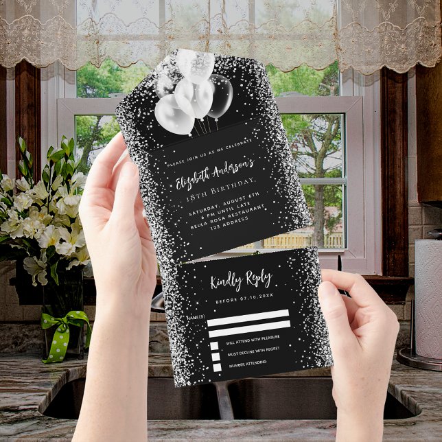 Black white balloons glitter birthday rsvp all in one invitation (Creator Uploaded)