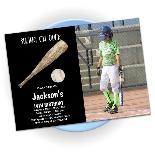 Black White Baseball Birthday With Photo Invitation (Creator Uploaded)