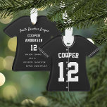 Black & White Baseball Jersey Player Stats Ornament<br><div class="desc">Commemorate an awesome season for your favourite baseball player with this cool custom ornament in a black and white colorway. Personalise the front with the player's name and number,  and add more details to the back,  including the team or league name,  season,  age,  position,  and coach name.</div>