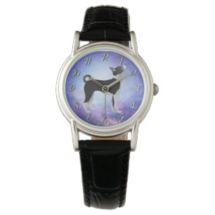 Black & White Basenji Dog & Blue Universe Watch