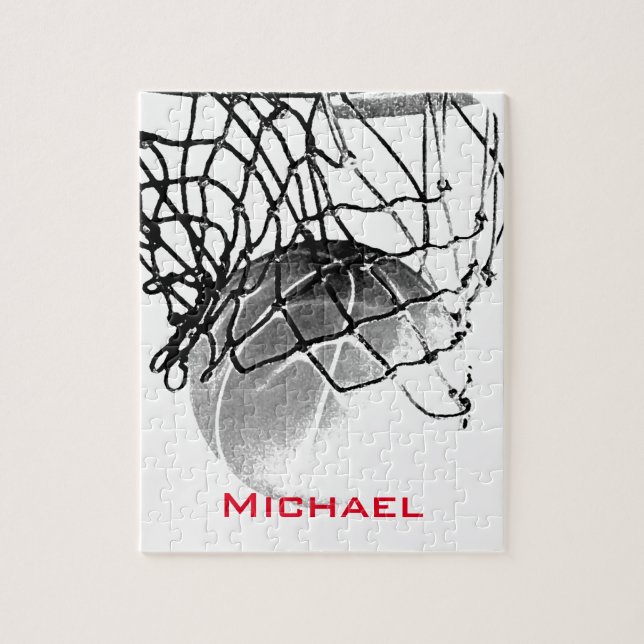 Black & White Basketball Add Your Name Jigsaw Puzzle (Vertical)
