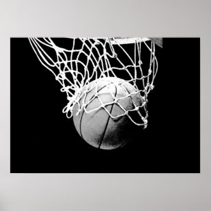 Black White Basketball Ball & Net Print Poster