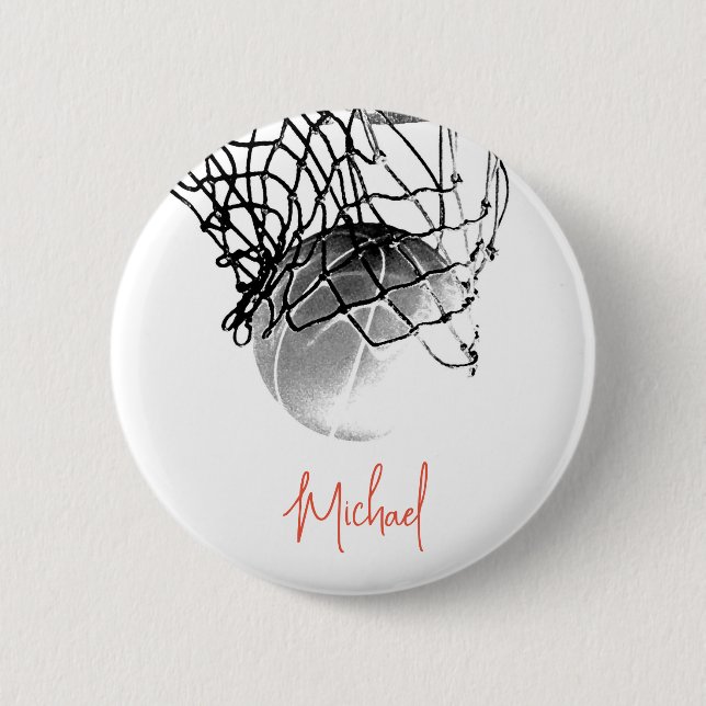 Black & White Basketball Ball & Net Your Name 6 Cm Round Badge (Front)