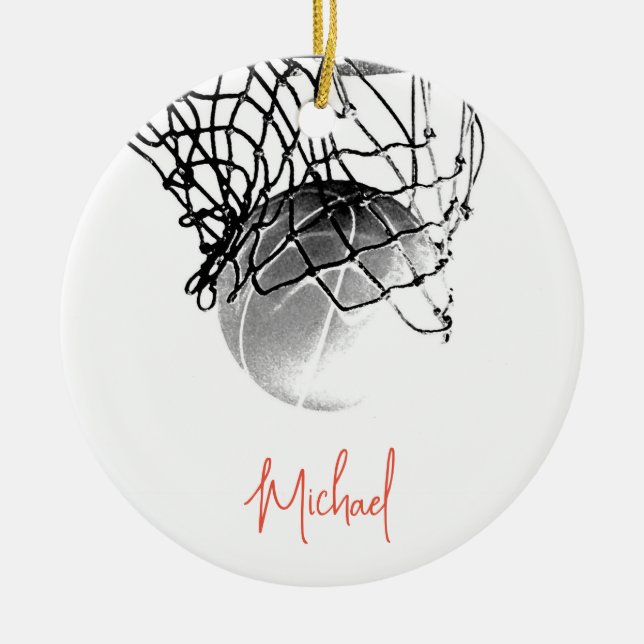 Black & White Basketball Ball & Net Your Name Ceramic Tree Decoration (Front)