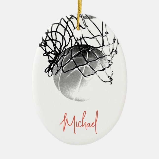 Black & White Basketball Ball & Net Your Name Ceramic Tree Decoration (Front)