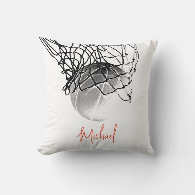Black & White Basketball Ball & Net Your Name Cushion (Front)