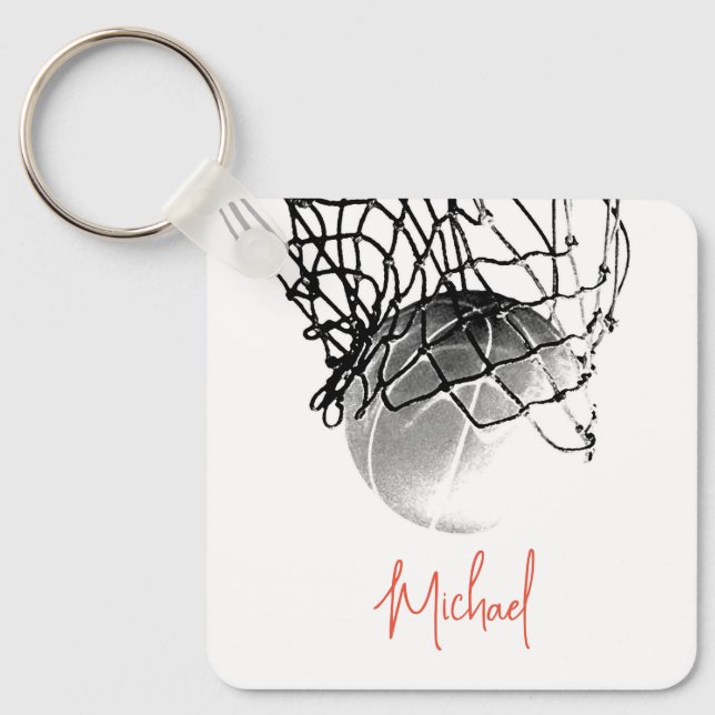Black & White Basketball Ball & Net Your Name Key Ring (Front)