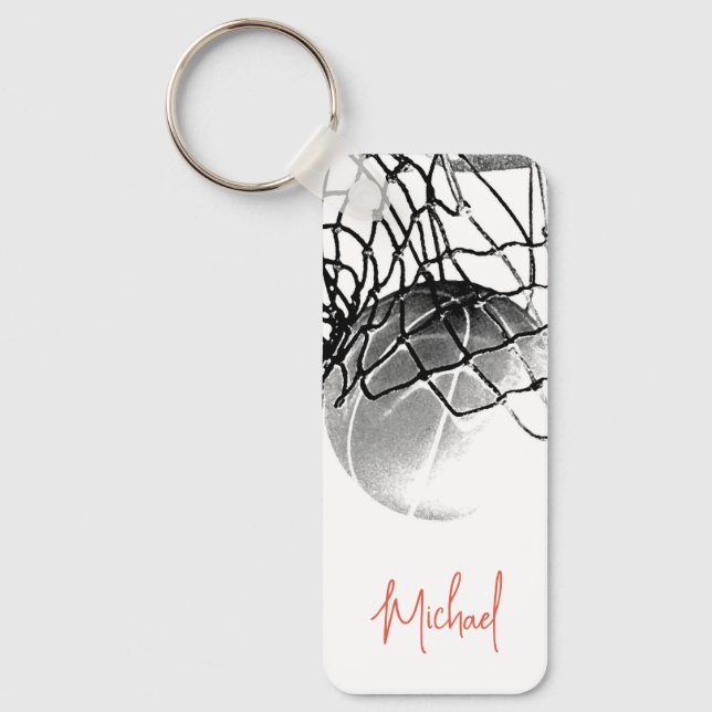 Black & White Basketball Ball & Net Your Name Key Ring (Front)