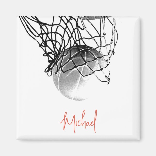 Black & White Basketball Ball & Net Your Name Magnet (Front)