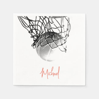 Black & White Basketball Ball & Net Your Name Napkin