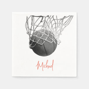 Black & White Basketball Ball & Net Your Name Napkin
