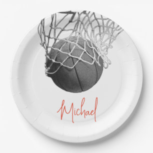 Black & White Basketball Ball & Net Your Name Paper Plate