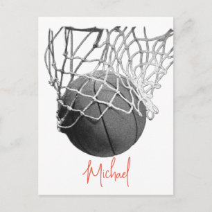 Black & White Basketball Ball & Net Your Name Postcard