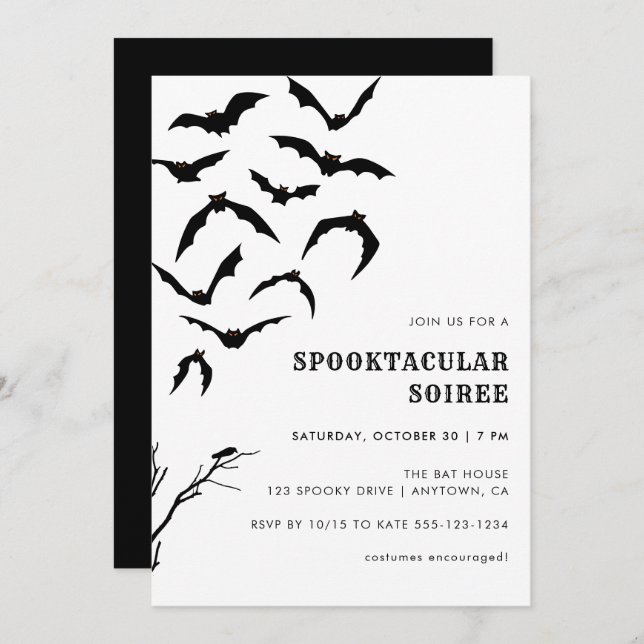 Black & White Bats Halloween Spooktacular Soiree Invitation (Front/Back)