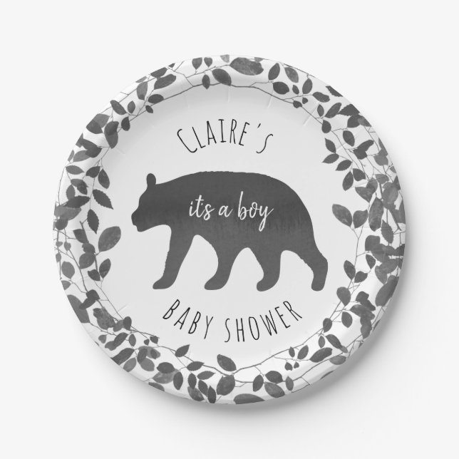 Black + White Bear Cub Foliage Baby Shower Paper Plate (Front)