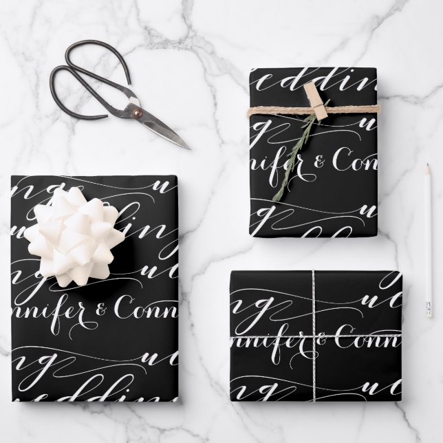 Black White Beautiful Calligraphy Add Name Wedding Wrapping Paper Sheet (Front)