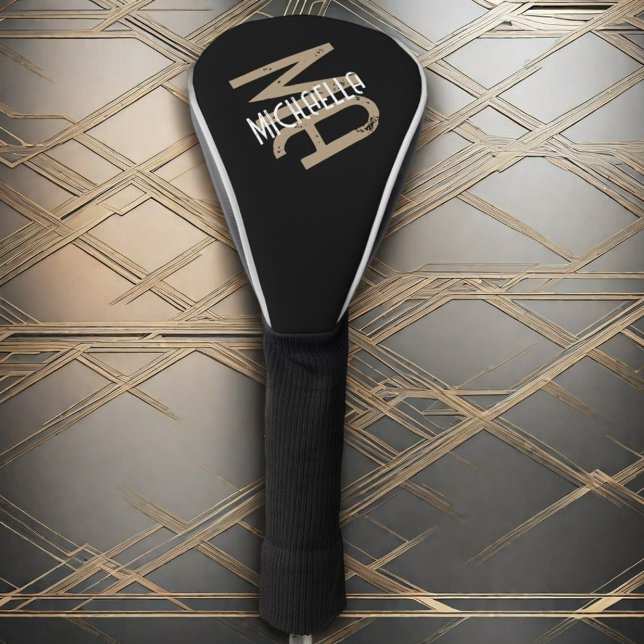 Black white beige monogram personalised name  golf head cover (Creator Uploaded)