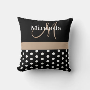Black White Beige Monogram Script Polka Dots Cushion