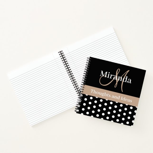 Black White Beige Monogram Script Polka Dots Notebook (Inside)