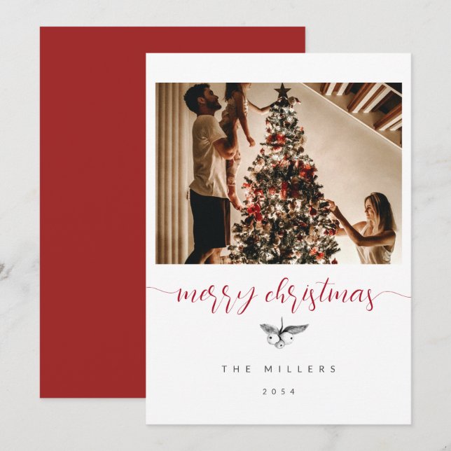  Black White Berries Sketch Family Photo Christmas Holiday Card (Front/Back)