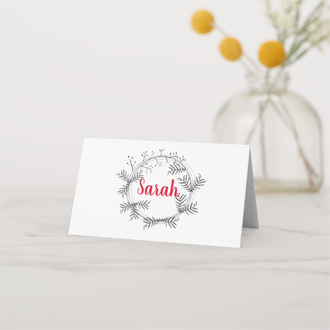 Black & White Berry Wreath | Red Brush Lettering Place Card (Front)