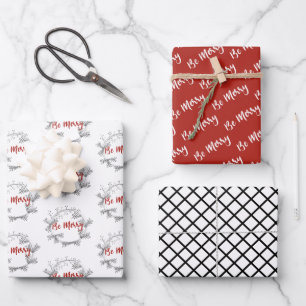 Black & White Berry Wreath   Red Brush Lettering Wrapping Paper Sheet