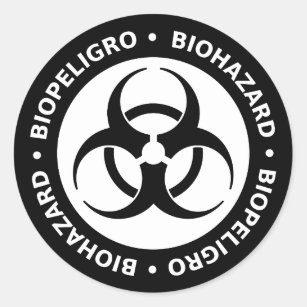 Black & White Bilingual Biohazard Warning Classic Round Sticker