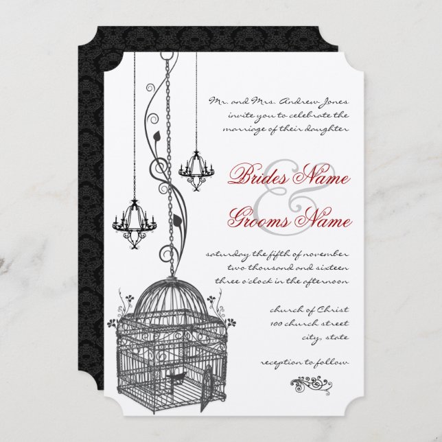 Black White Birdcage Chandelier Red Accent Wedding Invitation (Front/Back)