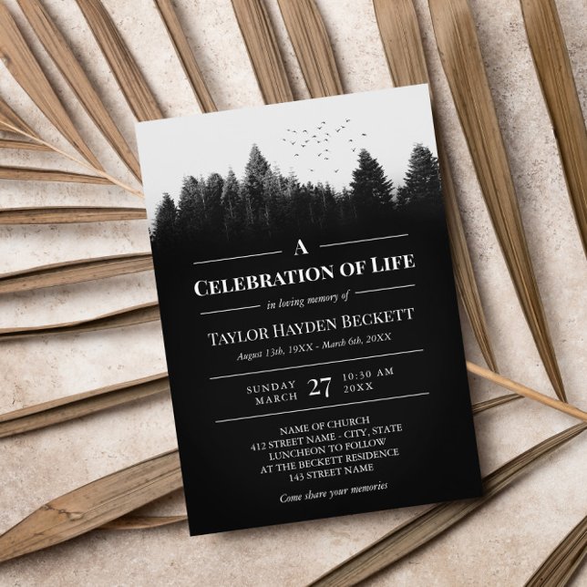 Black White Birds Over Forest Celebration of Life Invitation (Creator Uploaded)