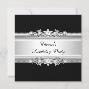 Black White Birthday Party Silver Jewel Image Invitation