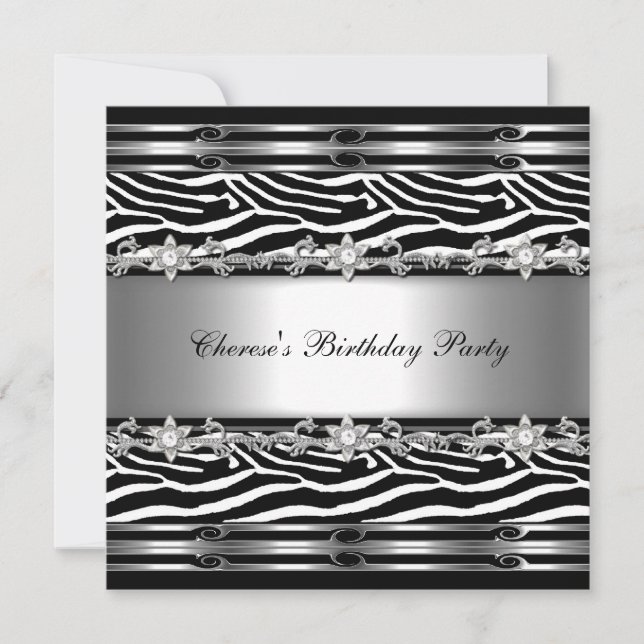Black White Birthday Party Zebra Animal Jewel Invitation (Front)