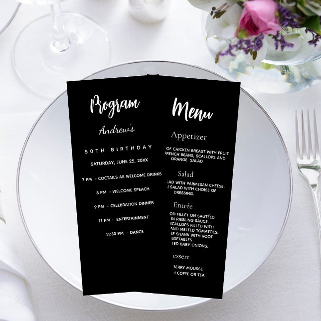 Black white birthday program dinner menu card (Creator Uploaded)