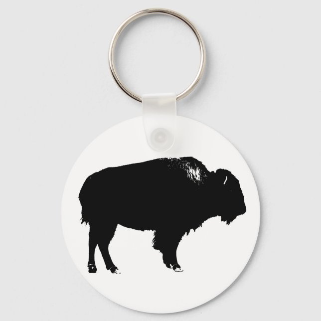 Black & White Bison Buffalo Silhouette Pop Art Key Ring (Front)